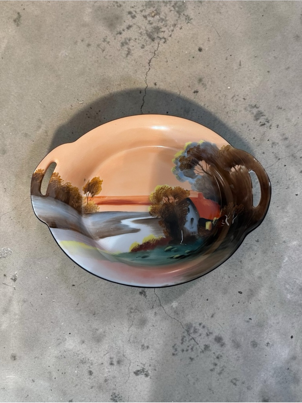Noritake Peach and Brown Hand-Painted Scenic Serving Bowl